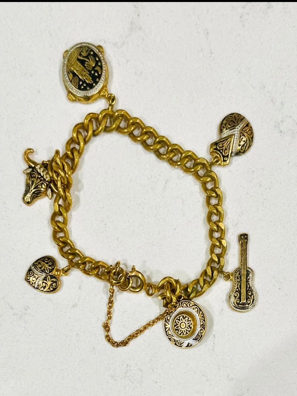 Vintage Damascene Style Charm Bracelet Gold Tone 6.75”, 1960s - Picture 6 of 12
